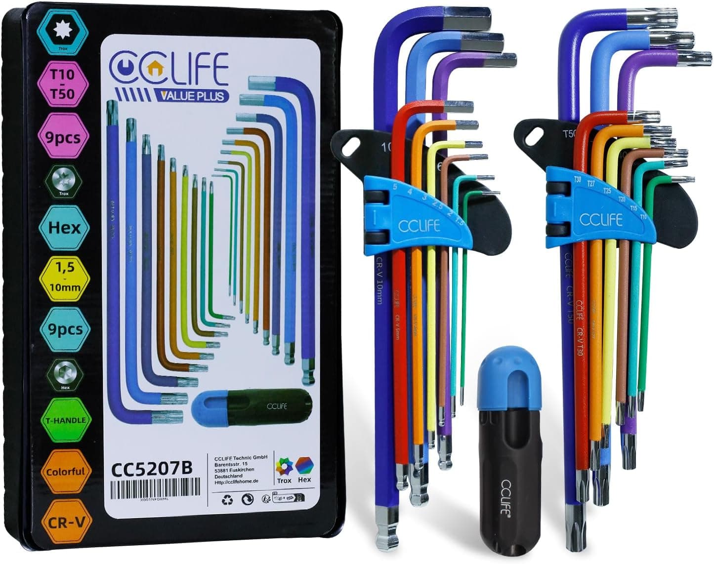 CCLIFE 18 peças conjunto de chaves profissionais Allen Torx com cabo chaves hexagonais com extremidade em forma de bola 1,5 mm - 10 mm T10-T50 Cr-V multicolorido