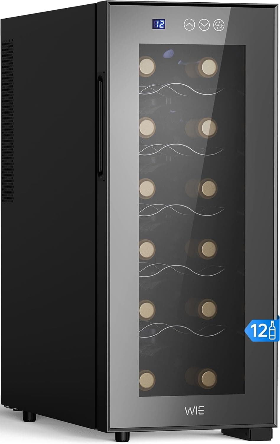 WIE Vinhoteca 12 garrafas, refrigeração térmica, 33 L frigorífico com ecrã tátil inteligente LED, porta de vidro espelhada, 5 prateleiras ajustáveis, luz LED, 26 dB baixo nível de ruído