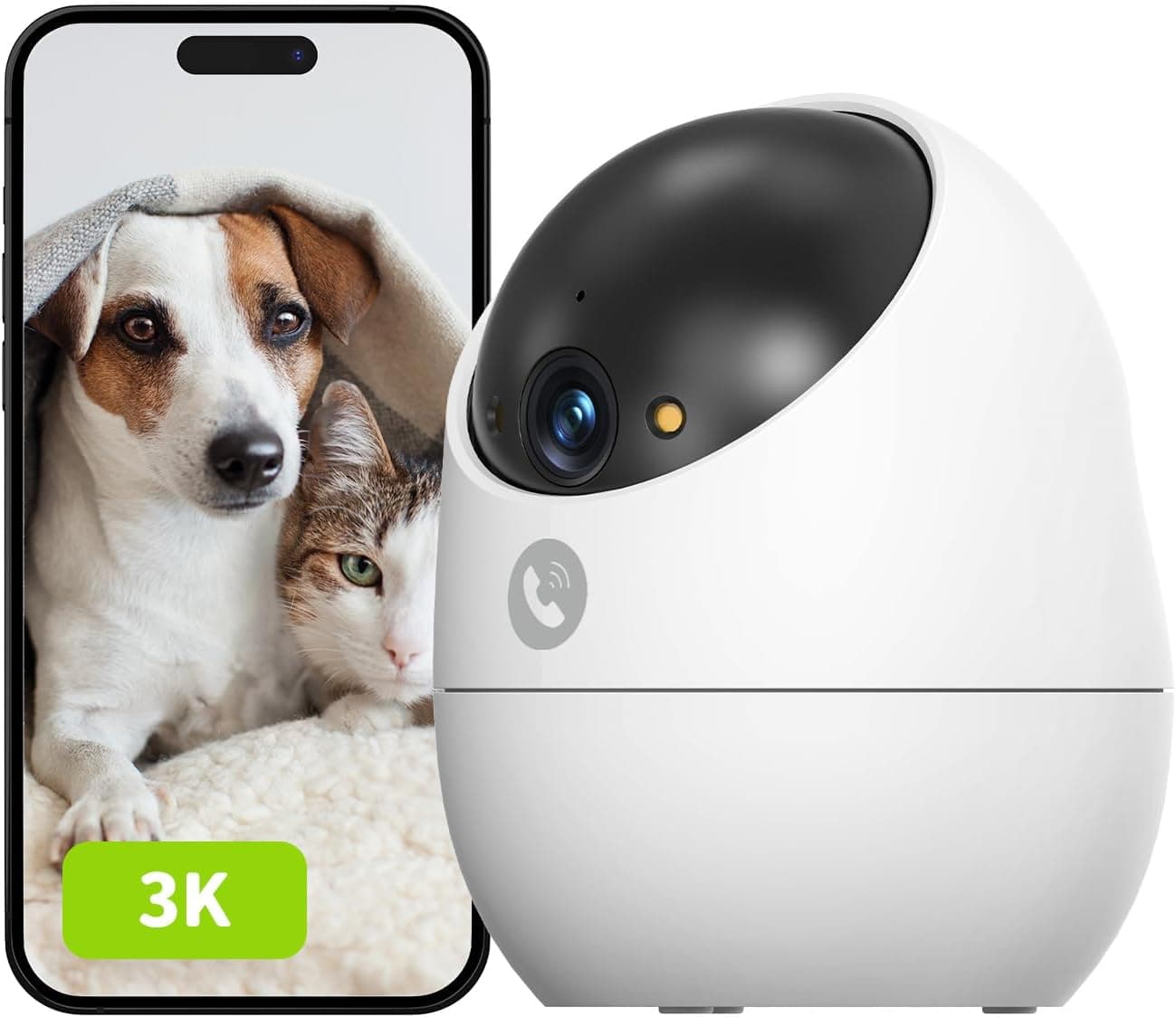 Beans View 3K Câmara interior para segurança, visão noturna colorida, visão de 360°, câmara Wi-Fi para animais de estimação/cães/gatos, deteção humana, auto-rastreamento, trabalhar com a Alexa