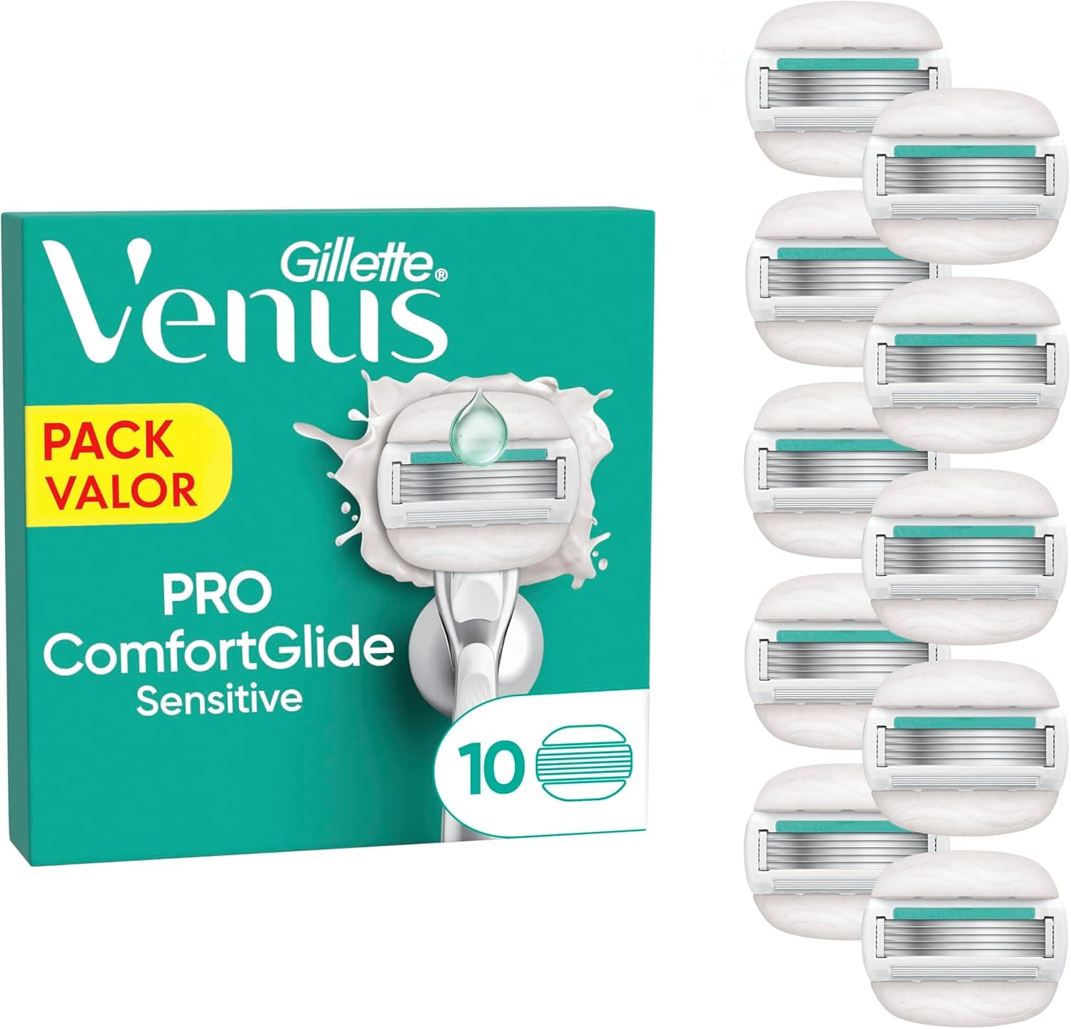 Venus Gillette Pro ComfortGlide Sensitive Peças sobresselentes para máquina de mulher, conjunto de 10 lâminas de substituição com 5 folhas e faixa lubrificante com aloé vera, remoção suave, purgada e