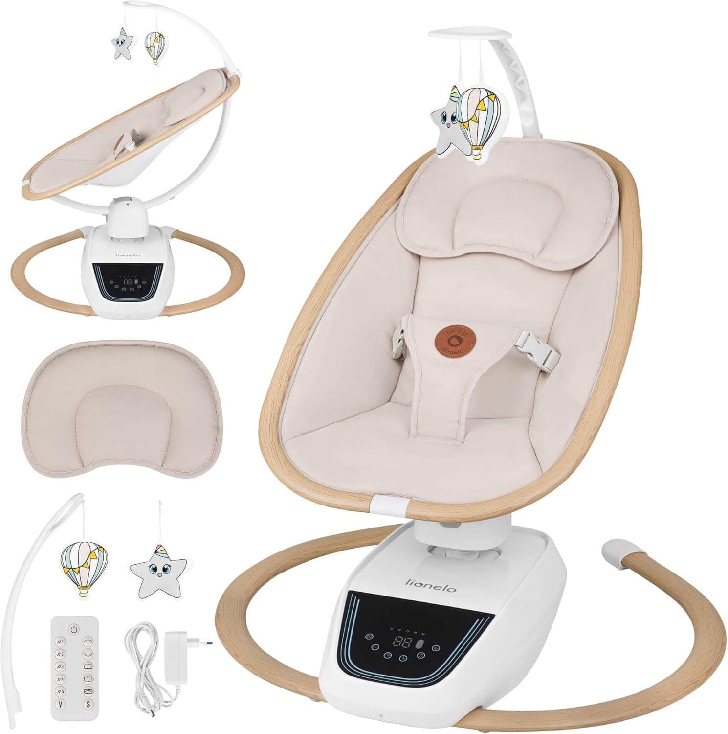 Lionelo OLIVIA | Espreguiçadeira elétrica para bebé com 4 velocidades, inclinação ergonómica, 13 melodias e comando remoto