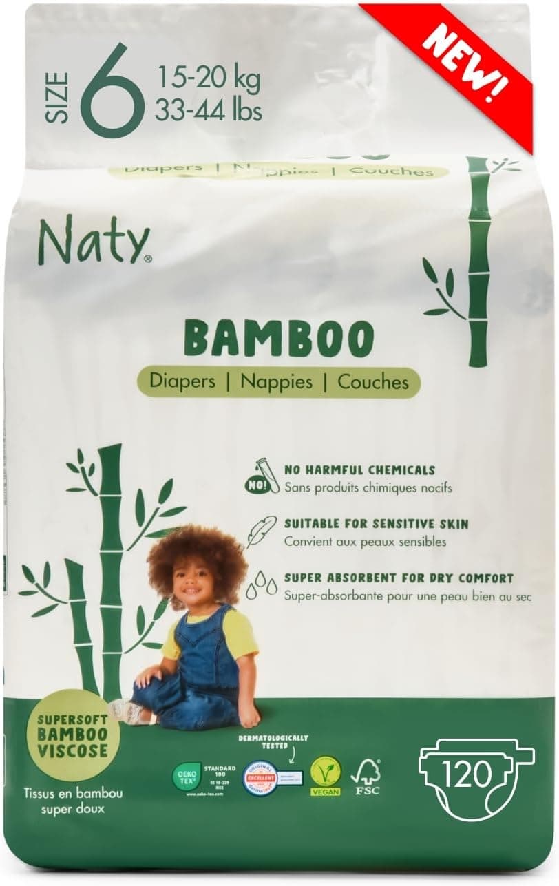 Naty Bamboo Fraldas de viscose de bambu, suavidade sedosa, fraldas de origem vegetal, testadas dermatologicamente para pele sensível e super absorventes (tamanho 6, 120 unidades)