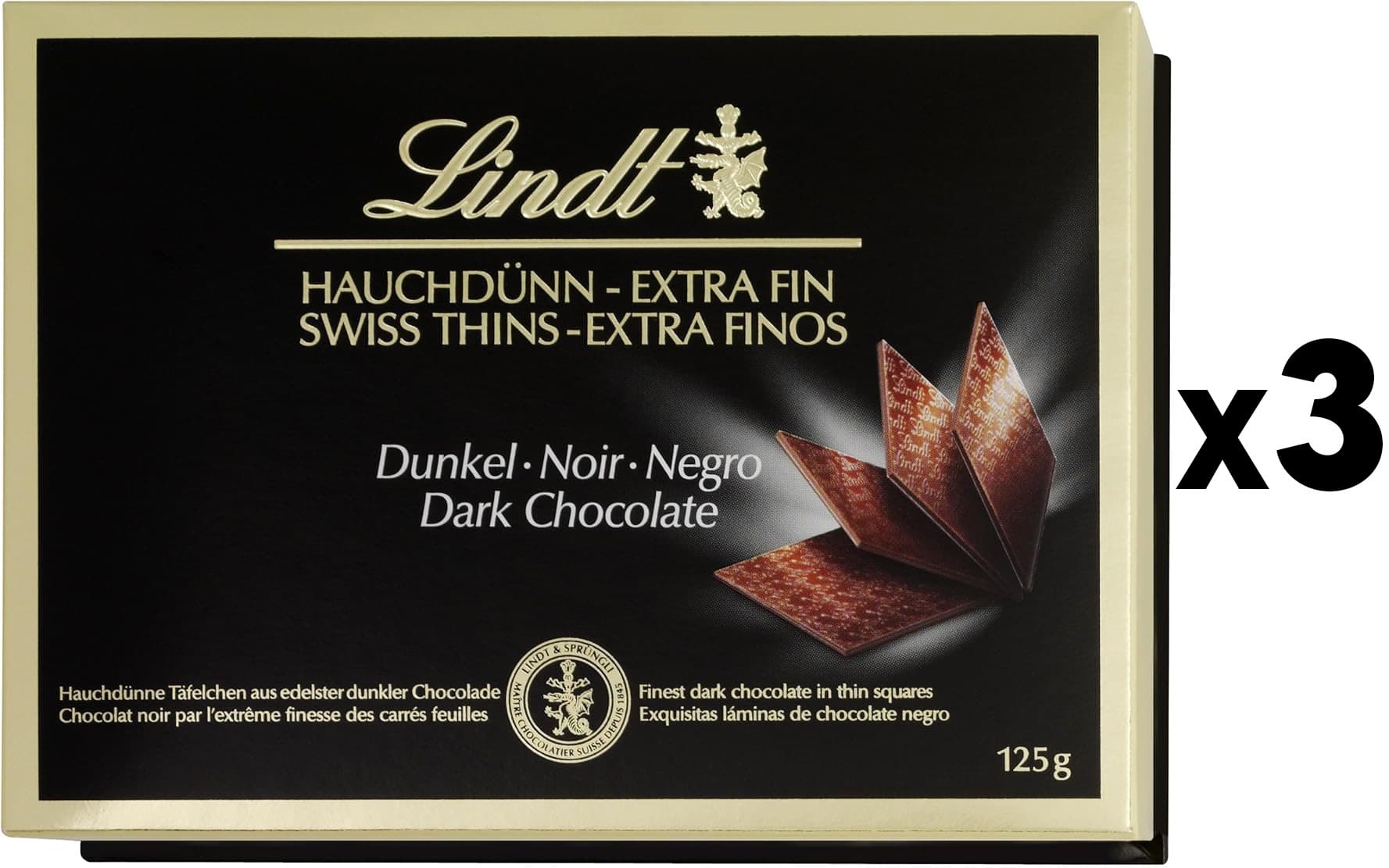 Lindt Swiss Thins chocolate negro suave e intenso, laminas de chocolate extrafinas, chocolate negro fino, lote de 3 unidades, 125g