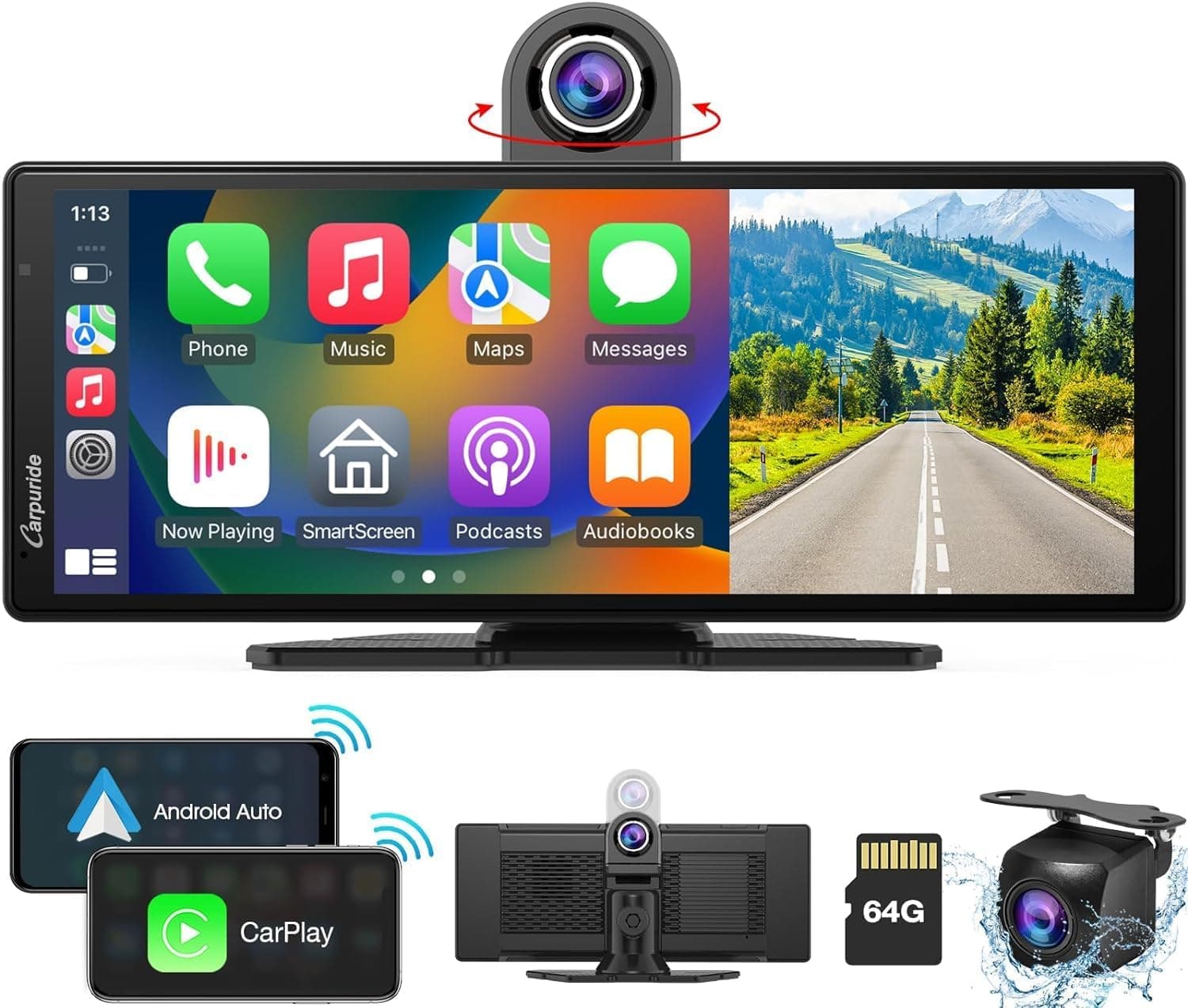 Carpuride W903 Rádio automático sem fios Carplay & Android com câmara de placa 4K, câmara de marcha traseira, ecrã tátil portátil IPS de 9,3", recetor de rádio com espelho, Bluetooth, navegação