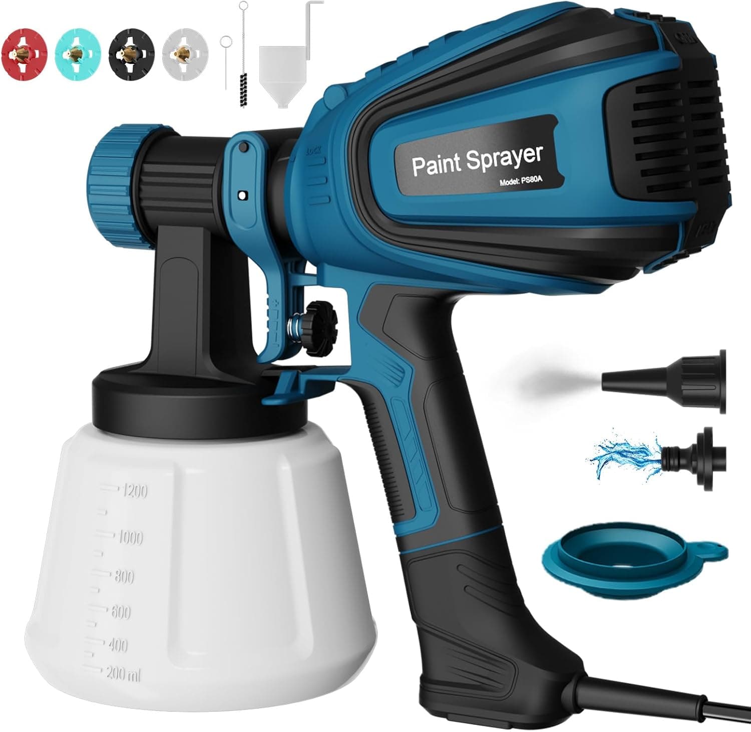 Pistola de pintura, 700 W HVLP pulverizador de pintura elétrico, acessórios de limpeza e sopro, 4 bicos e 3 padrões, 1200 ml, 1000 ml/MIN