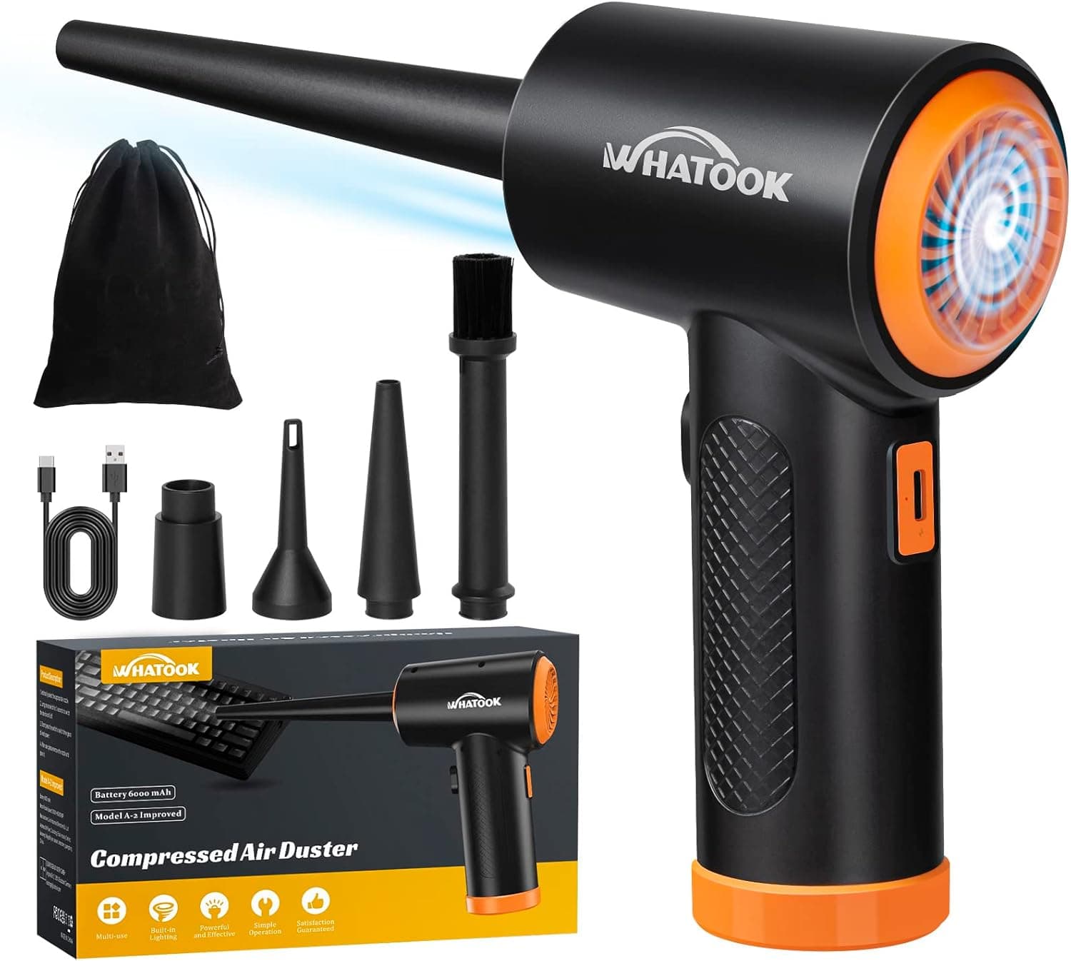 Ventilador de pó elétrico, canalizador de ar comprimido, potente 3 velocidades 60000 rpm, bateria recarregável de 6000 mAh, com luz LED, para computador, carro, escritório, sofá, substituto de ar