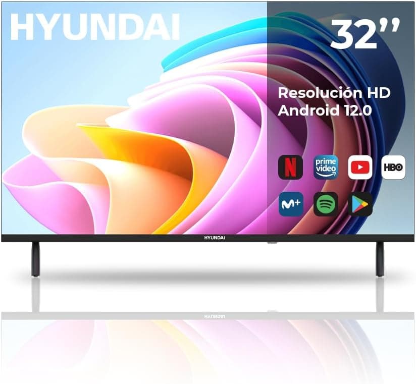 Hyundai Smart TV LED 32 HTV3200A HD DVBT2-S2 E preto Android 12.0 controlo com acesso direto a aplicações conexão meu