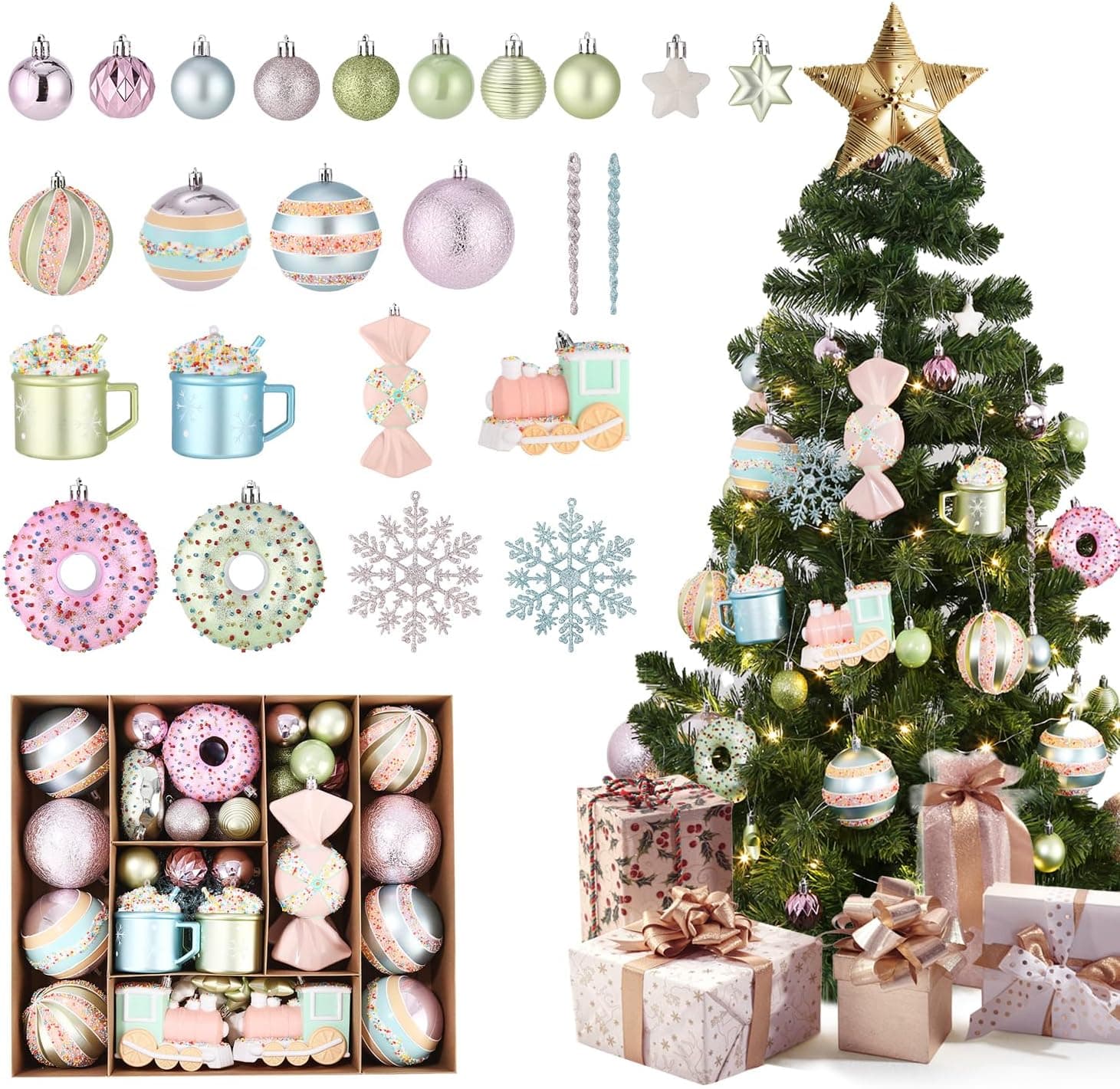 70 peças conjunto de bolas árvore de Natal, ornamentos de Natal, bolas de plástico para decoração de árvore, bolas de suspensão coloridas inquebráveis de árvore floco de neve Natal