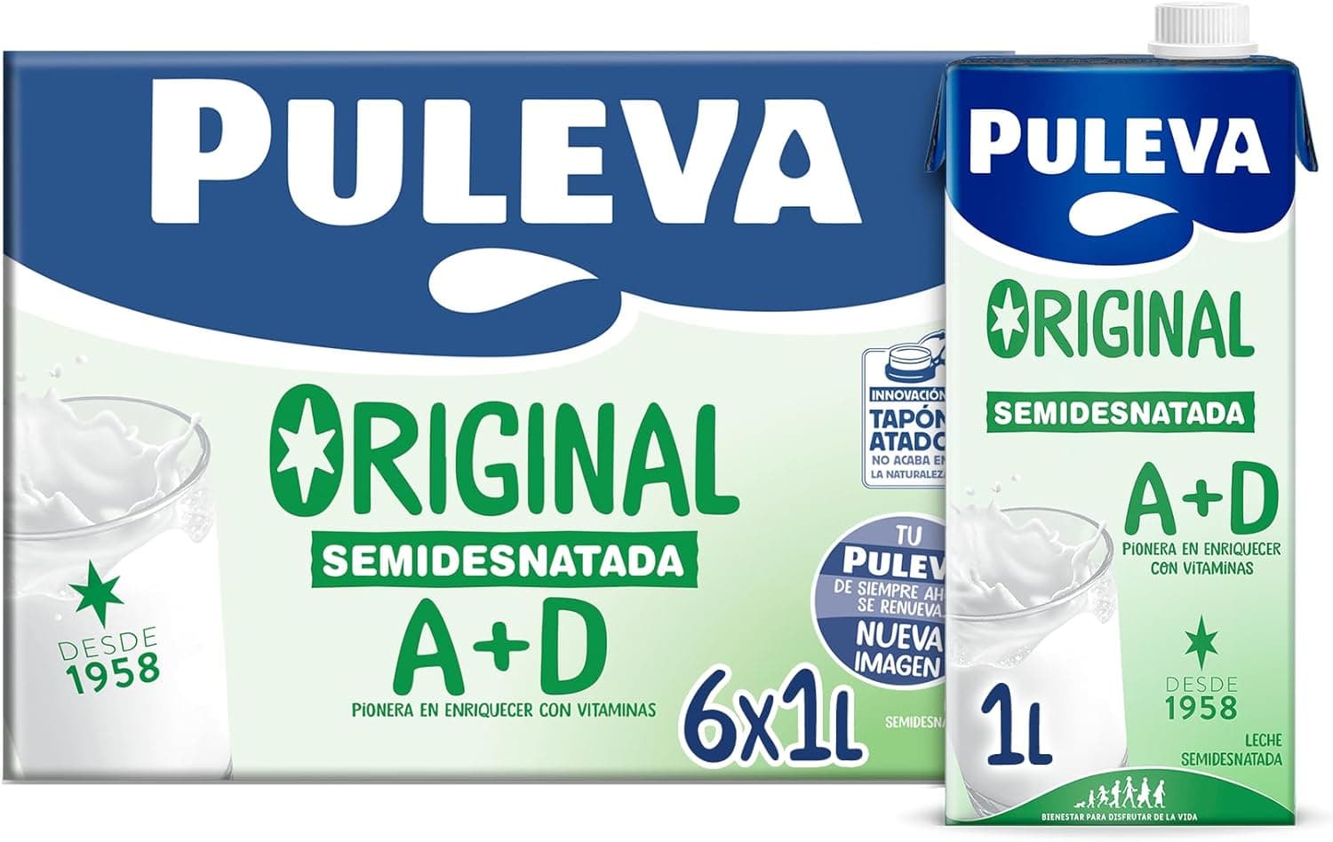 Leite Puleva original Semidesgordo com vitaminas A e D brik 1L, caixa de 6 litros