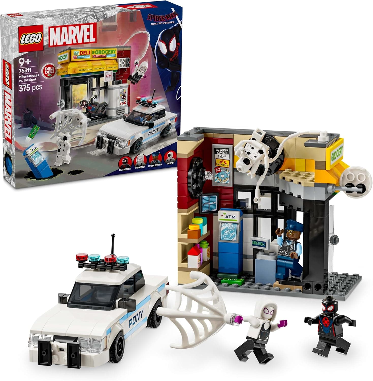 LEGO Marvel Multiverso Aracnídeo – Miles Morales vs. Mancha, com carro de polícia e 4 minifiguras (incl. Homem-Aranha e Gwen Stacy), brinquedo de super‑heróis para meninas e meninos a partir dos 9 anos.