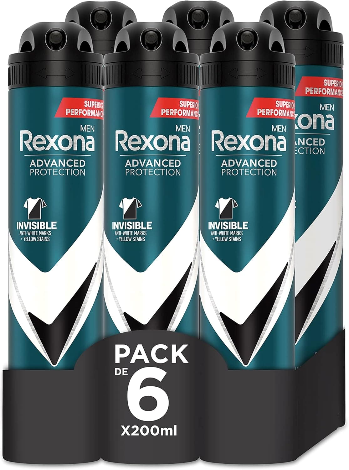 Rexona Desodorante aerossol proteção avançada 72h invisível Black & White anti-respirável para homem, 200 ml, conjunto de 6