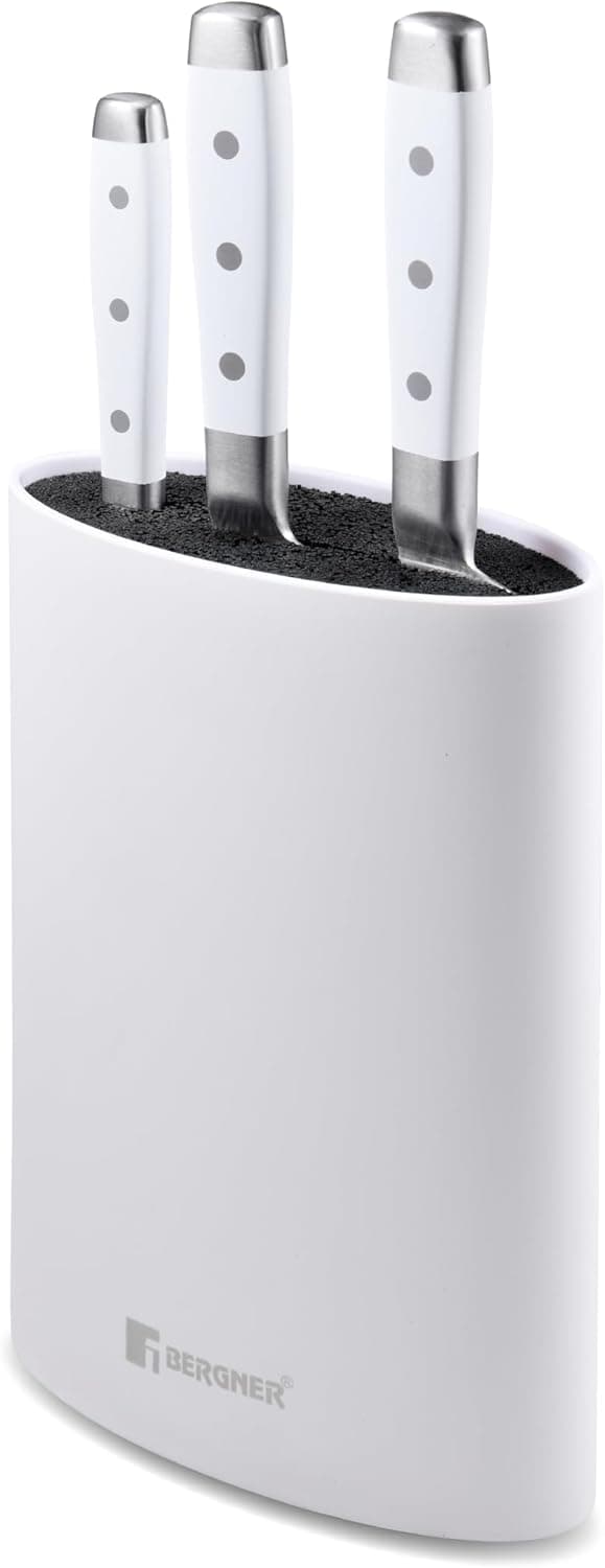 BERGNER NATURALLY Conjunto de 4 peças facas de aço inoxidável - inclui bloco - acabamento fosco polido - alças TPR branco com 3 rebites - design seguro e elegante, branco