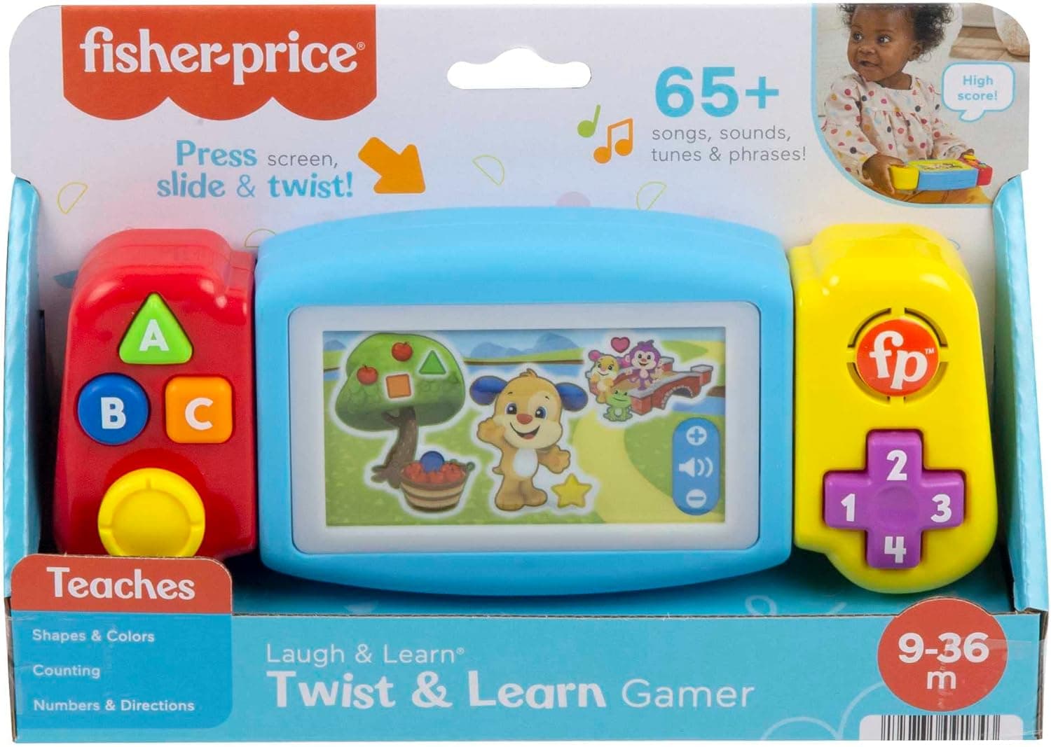 Fisher-Price Rir e aprender consola de vídeogira e aprenda, brinquedo interativo de aprendizagem com luzes e som, bebés + 9 meses, versão em espanhol português e italiano + inglês (HNL52)