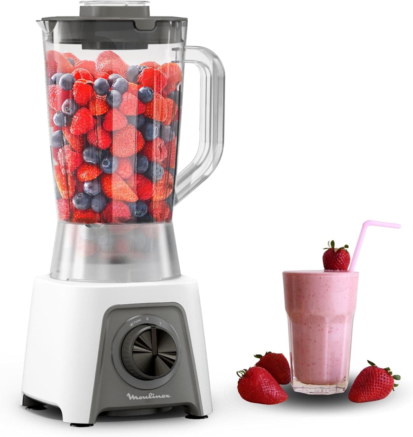Moulinex Blendeo Liquidificadora de copo de 450 W, capacidade de 1,5 l, aço inoxidável, batedeira de 2 velocidades, pique gelo, lâminas resistentes Zelkrom, bloqueio inteligente, LM2C01