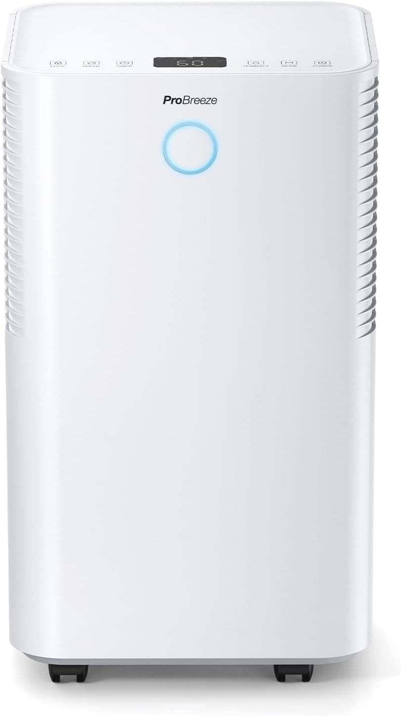 Pro Breeze Deshumidificador de baixo consumo de 12 litros, silencioso, 3 modos, sensor de humidade, ecrã LED, tanque e tubo de drenagem, temporizador 24 H. Secagem de roupa, elimina a humidade e mofo