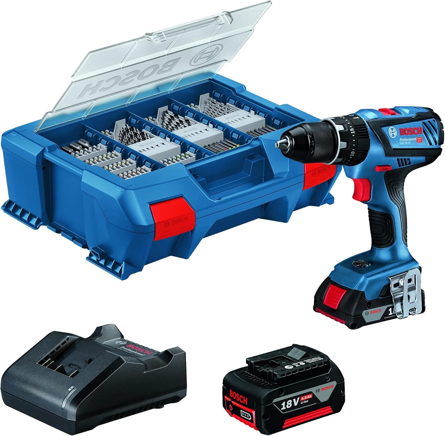 Bosch Professional 18V System GSB 18V-28 - Broca de percussão a bateria (63 Nm, 1900 rpm, 1 bateria x 2,0 Ah + 1 bateria x 4,0 Ah, em mala Pick & Click com 100 ACC.) - Amazon Exclusive