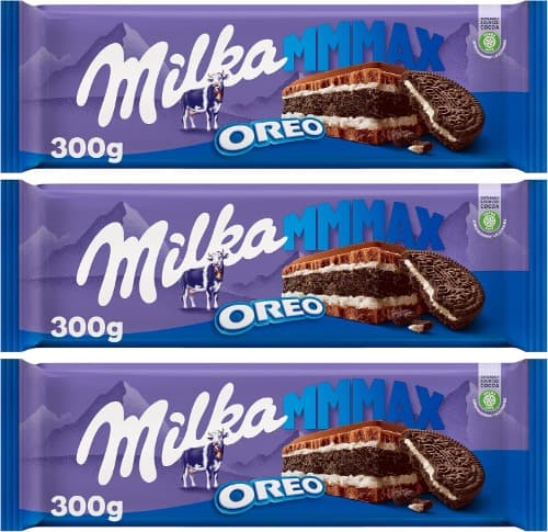 Milka MMMAX Oreo Tablet grande de chocolate com leite dos Alpes com enchimento de bolachas em ouro e camada dupla de enchimento de baunilha 300 g