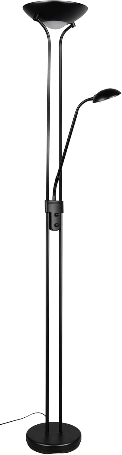 Reality Leuchten Candeeiro de pé SPOCK R4229213, metal preto mate, vidro branco, foco LED de 19 watts, braço LED de 5 watts, atenuador