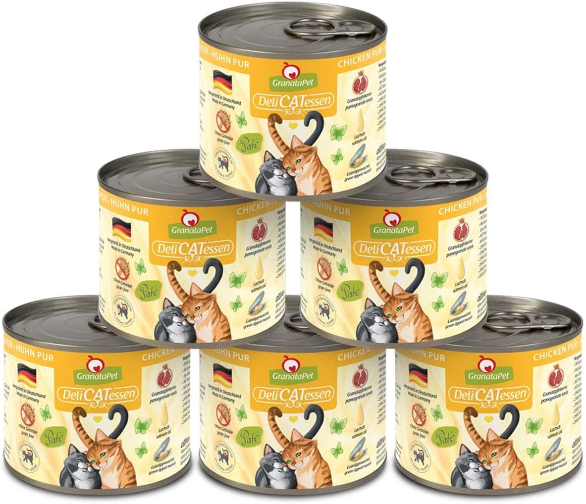 GranataPet Delicatessen Frango Pur, comida húmida para gatos, ração sem cereais e sem açúcares, comida para gatos com alto conteúdo de carne e óleos, 6 x 200 g
