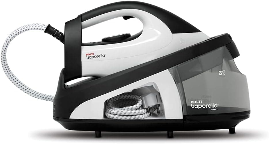 Polti Vaporella Simply VS20.20, ferro gerador de vapor, depósito de vapor removível de 1,5 l, pressão da bomba de 6,5 bar, potência de 2200 W, função ECO, branco e preto