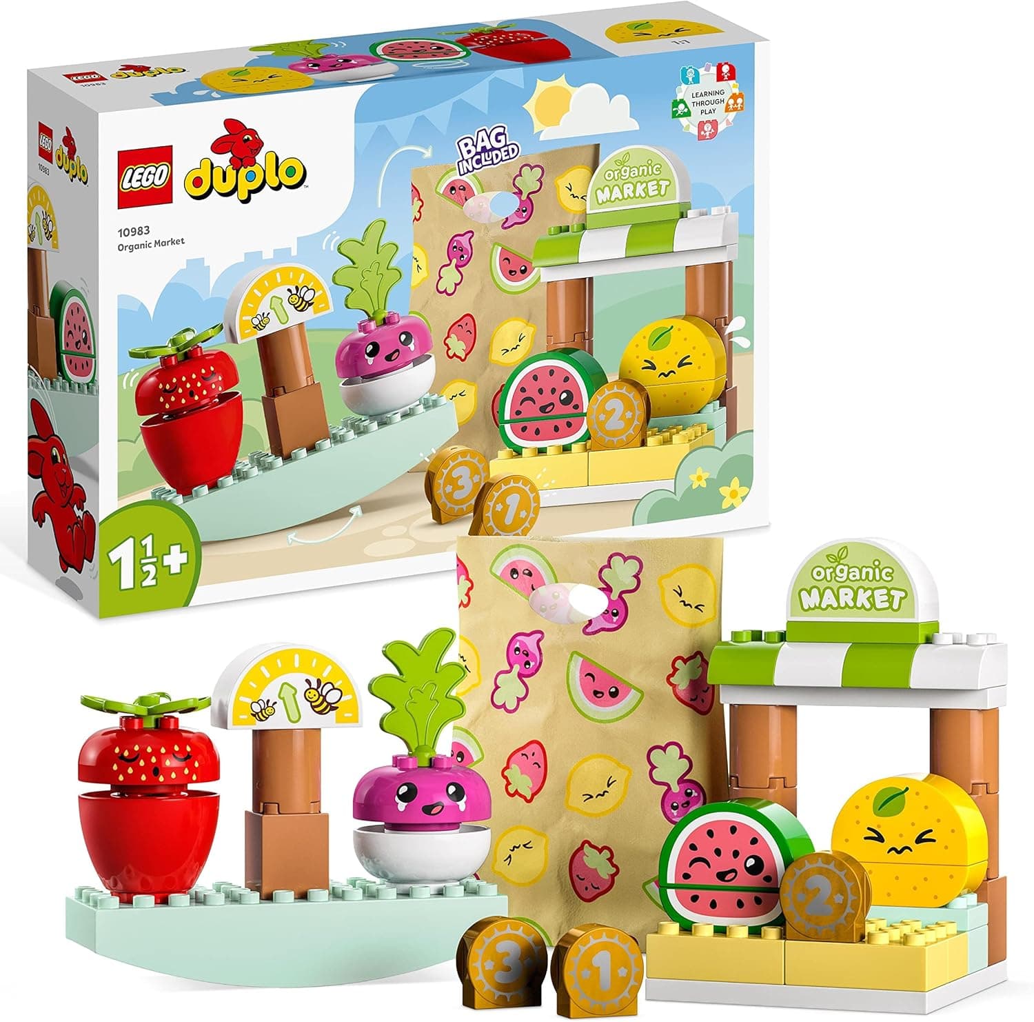 LEGO 10983 Duplo mercado orgânico com peças de frutas e legumes, brinquedos para bebés de 18 meses para crianças de 3 anos, aprender a contar, jogo educativo, presente infantil