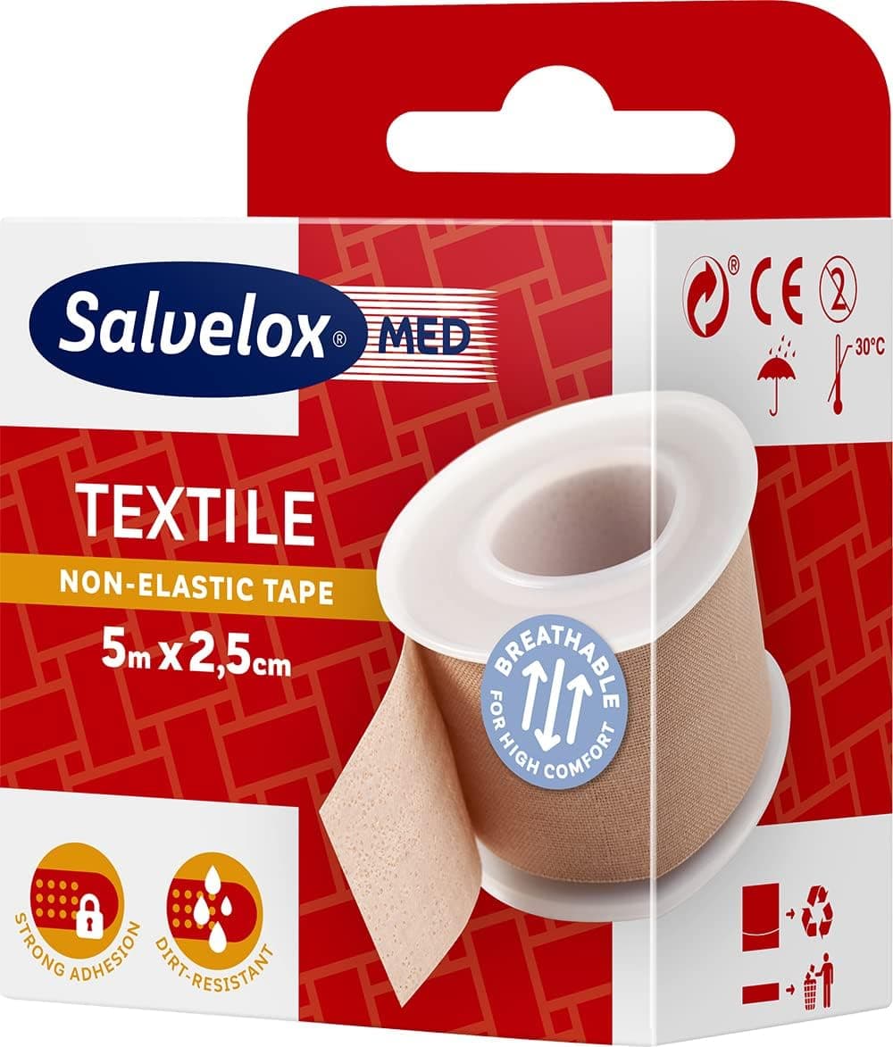 Salvelox ® Esparadrapo têxtil | Excelente aderência à pele e resistente à sujidade, cor bege | 5 x 2,5 cm