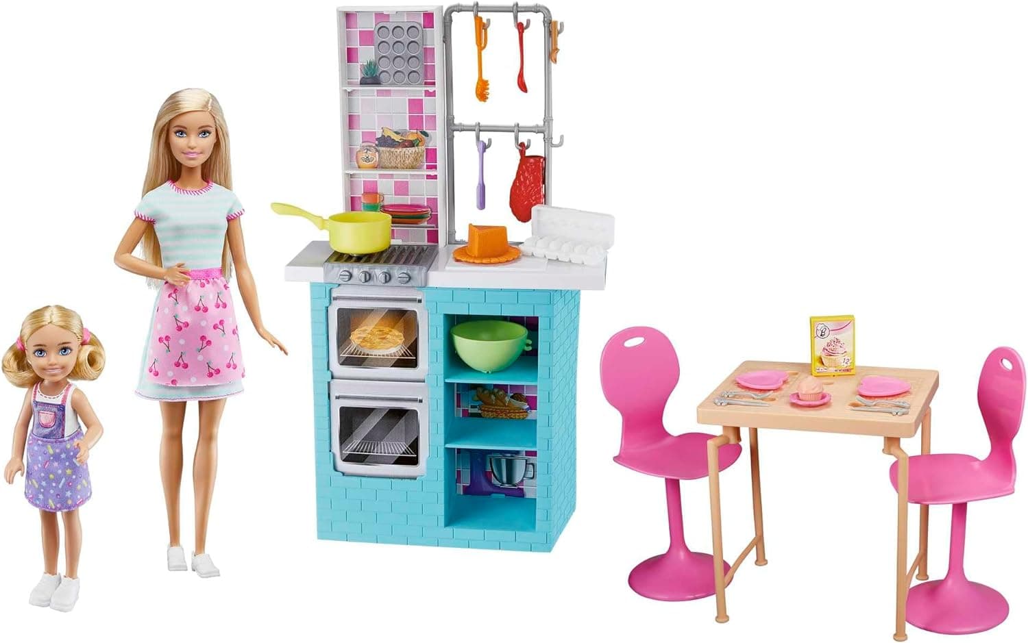 Barbie e Chelsea com a sua pastelaria boneca loira com irmã, loja e acessórios de brincar (Mattel HBX03)