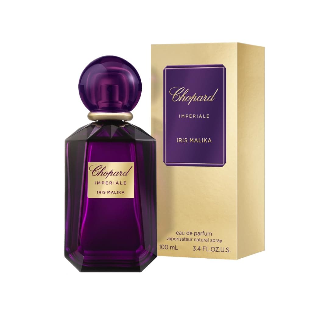 Chopard Iris Malika 100 ml, Eau de Parfum para mulher, fragrância floral ambarina, perfume com notas de íris aditivas, jasmim, especiarias, feijão Tonka e jarro, garrafa de vidro roxo
