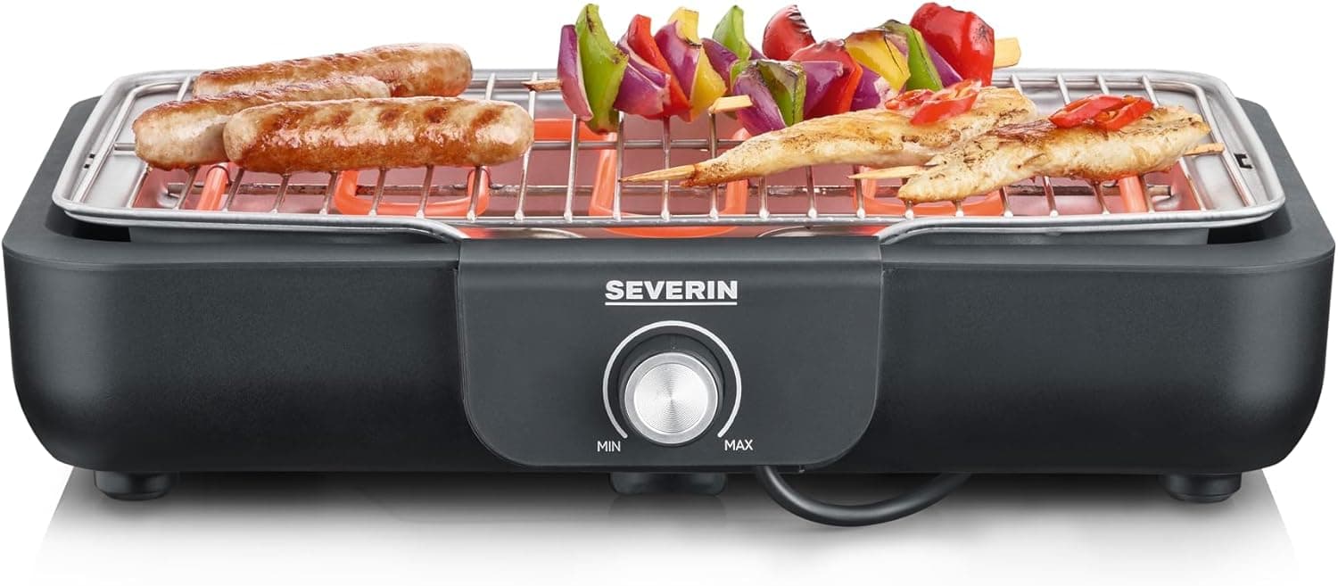 Severin churrasqueira de mesa com grelha de aço inoxidável, para interior e exterior, 2,300 W, superfície da grelha de 37 x 29 cm, regulação de temperatura termostato, preto PG 8554