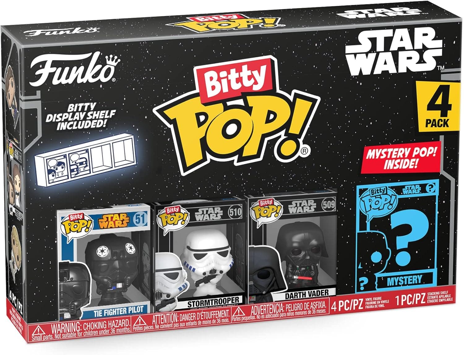 Funko Bitty Pop! Star Wars - Darth Vader™, TIE Fighter Pilot™, Stormtrooper™ e uma mini figura misteriosa surpresa de 0,9 polegadas (2,2 cm) colecionável- Revista empilhável incluída
