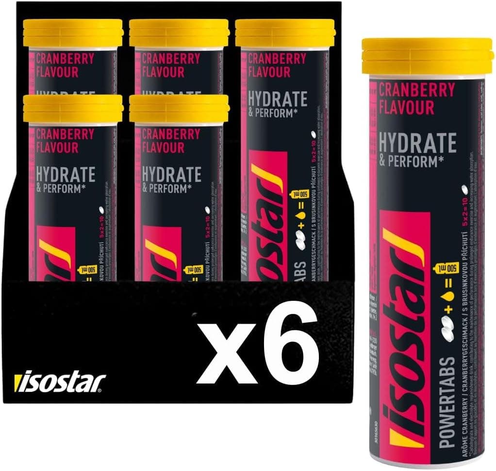 Isostar Hydrate & Perform Powertabs | Pastilhas isotónicas de arando para preparação de bebida energética com glúcidos e eletrólitos, caixa com 6 unidades