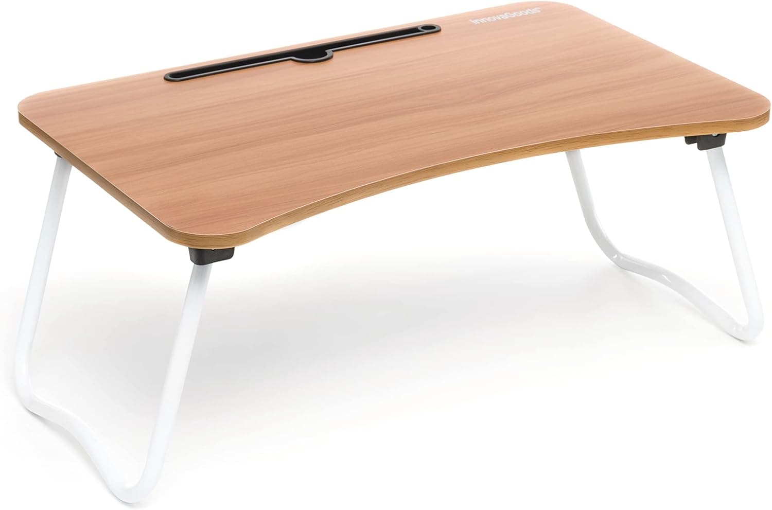 InnovaGoods - Mesa dobrável auxiliar multifunções, ideal para portátil e pequeno-almoço na cama, superfície antiderrapante, fácil de guardar, madeira MDF e metal, castanho, 60 x 27 x 40 cm, metal