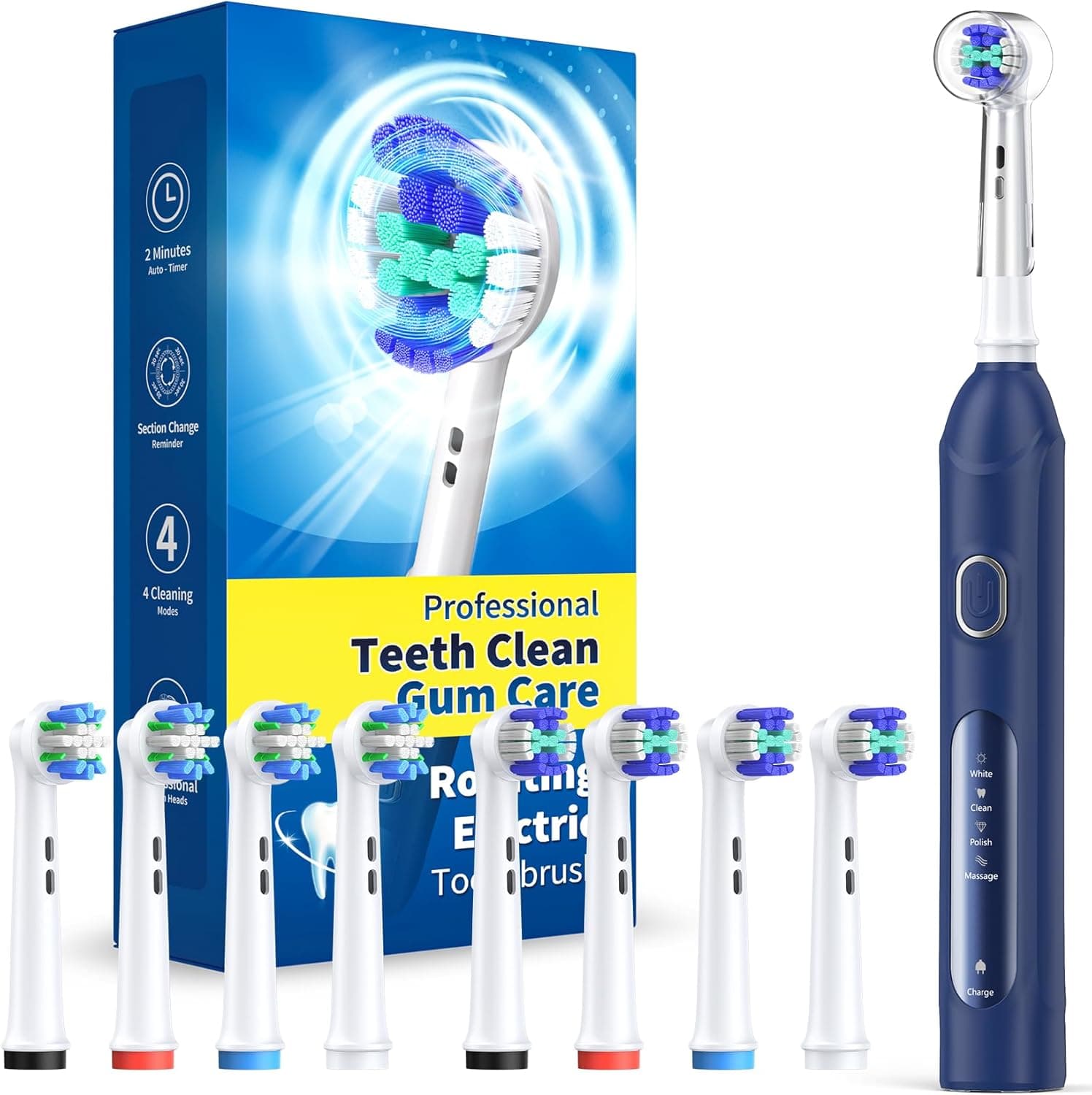 Escova de dentes elétrica rotativa para adultos com 8 cabeças (2 tipos) recarregável e 2 Min Smart Time, 4 modos limpeza profunda escova de dentes elétrica (Deepblue)