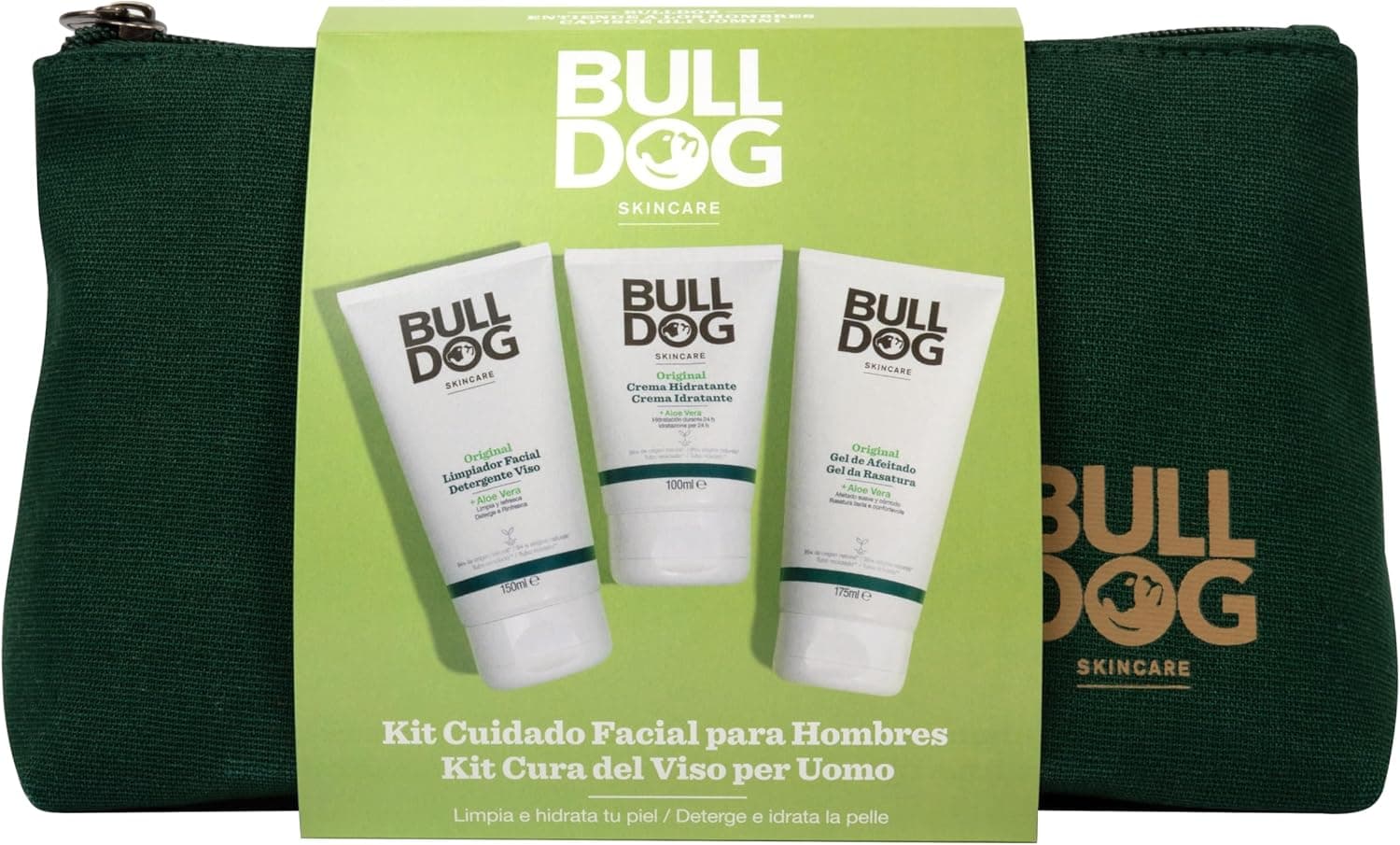 Bulldog Skincare - Neceser de cuidados faciais para homem, inclui: Limpador facial 150 ml gel de barbear 175 ml creme hidratante 100 ml e precisa de tecido sustentável, conjunto presente homem cuidado