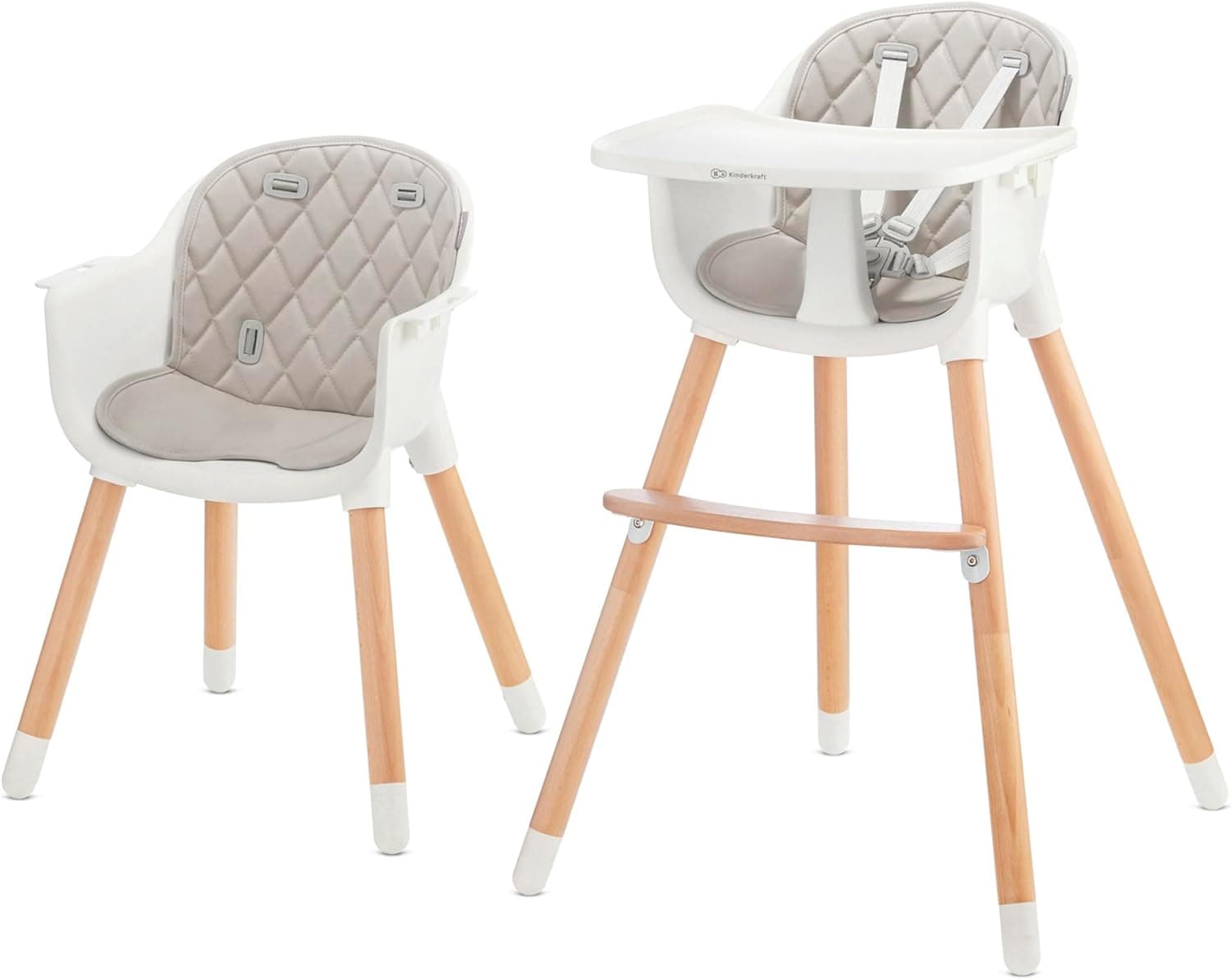 kk Kinderkraft SIENNA Cadeira alta para bebé, portátil, cadeira, ergonómica, fácil de limpar, pernas de madeira, bandeja removível, para crianças, 6 meses - 5 anos, cinzento