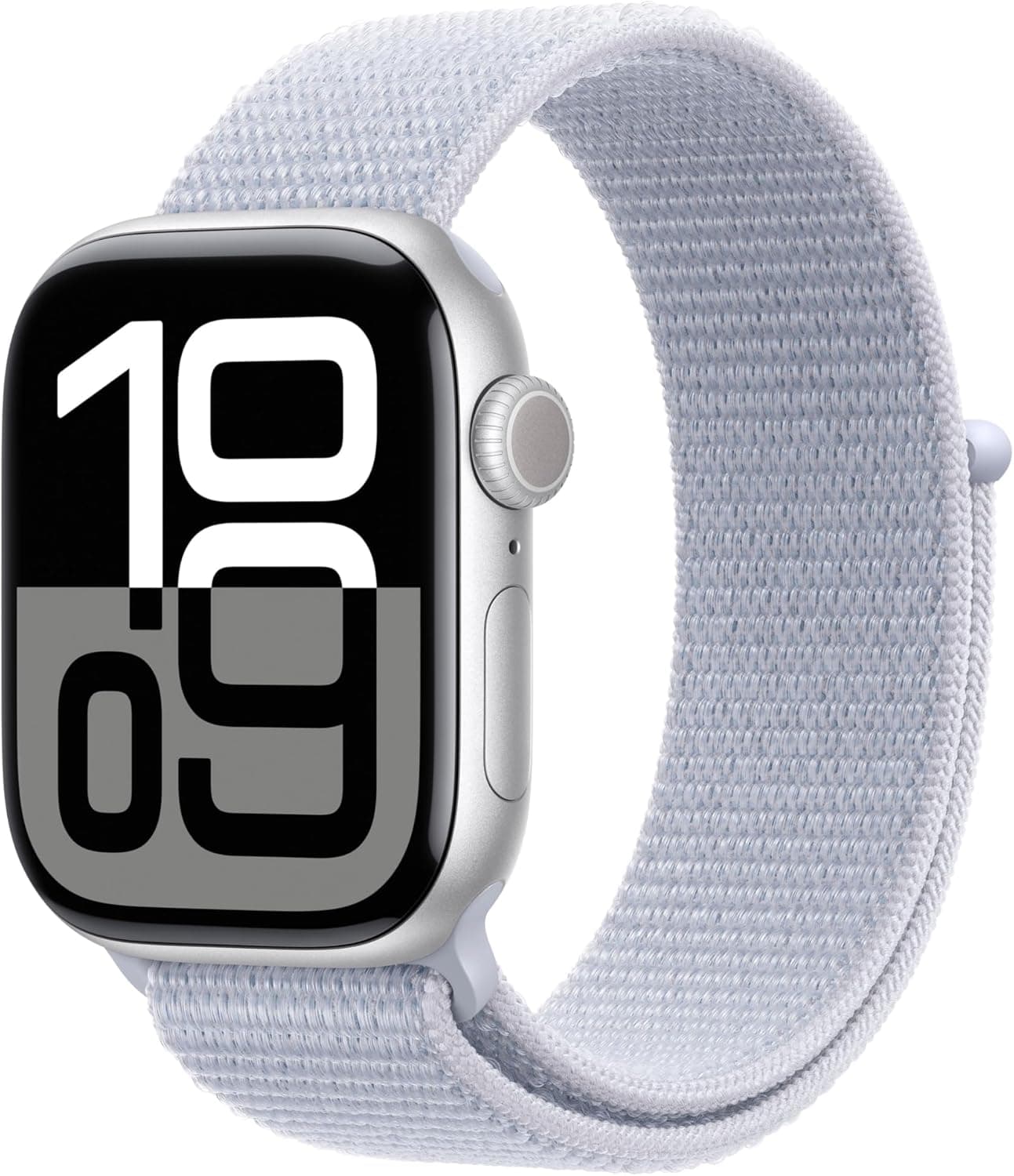 Apple Watch Series 10 GPS Smartwatch com caixa de alumínio prata de 42 mm e correia Loop desportiva azul nuvem - tamanho único. Monitor de treino, app ECG, ecrã Retina sempre ativo e neutro em carbono