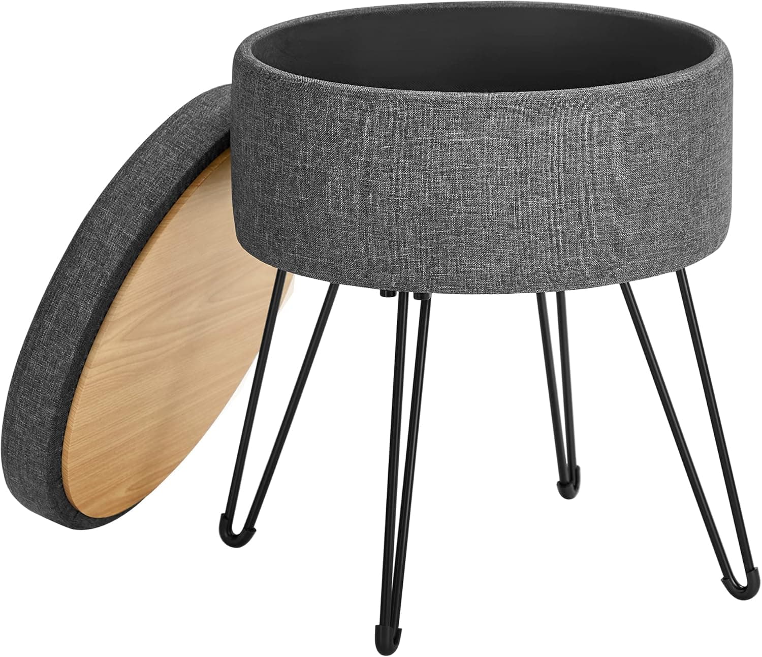 SONGMICS Puff de armazenamento, armazenamento de Baul, banco de armazenamento redondo, banco de toalete, capacidade de 13,4 l, pernas de metal, assento acolchoado, cinzento escuro LOM002G02