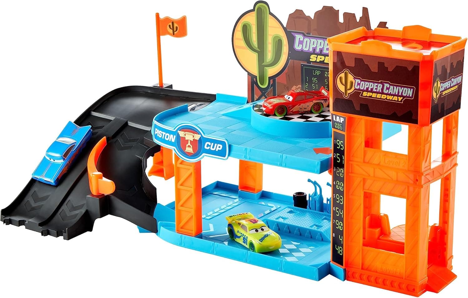 Disney Pixar Cars Glow Racers Workshop brilhante em Cano de cobre conjunto de jogo com 3 carros de brinquedo, elementos que brilham no escuro e veículos em escala 1:55, HPX75