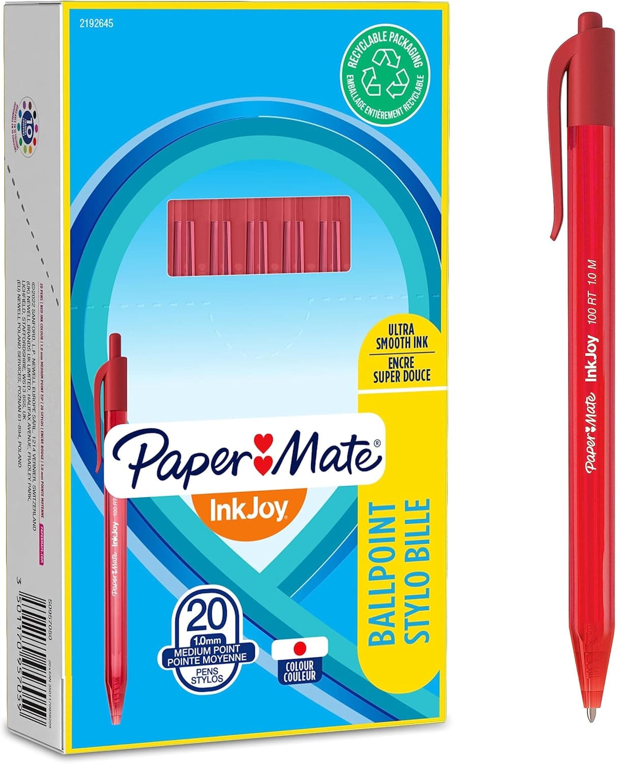 Paper Mate InkJoy 100RT Caneta retrátil, ponta média de 1 mm, embalagem de 20, cor vermelha