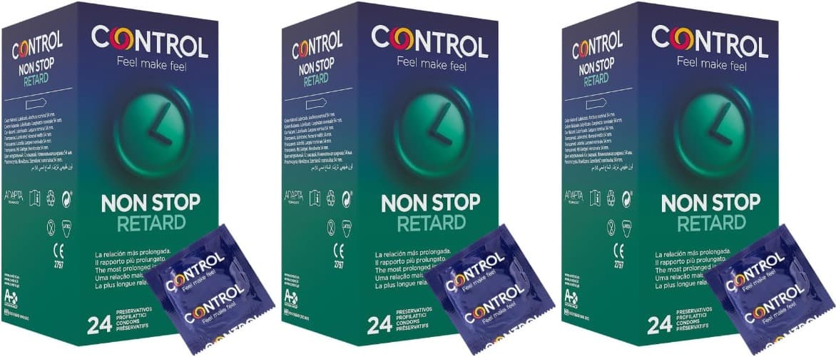 Control Non Stop Retard Preservativos- Caixa de preservativos retardantes para um relacionamento mais longo, lubrificado, ajuste perfeito, sexo seguro, 24 unidades (pack poupança) (x3)