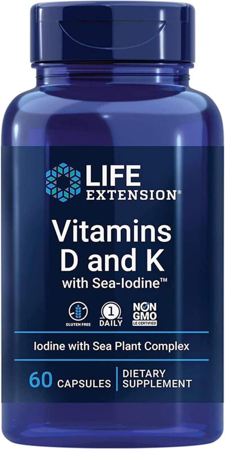 Life Extension, Vitamina D3 e K2, com iodo marinho, Depot, 1 cápsula a cada 5 dias, 60 cápsulas, testadas em laboratório, sem glúten, sem soja e sem OGM