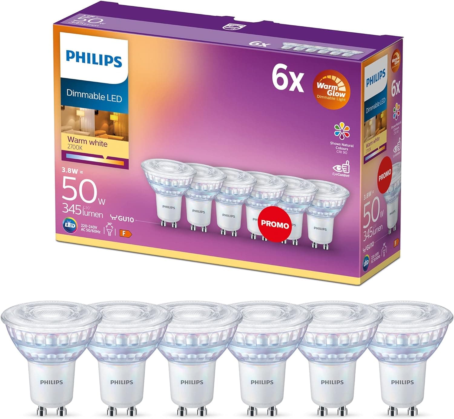 Philips - LED Gu10, 3,8 W equivalente a 50 W, 345 lúmen, regulável, branco quente, 6 unidades 