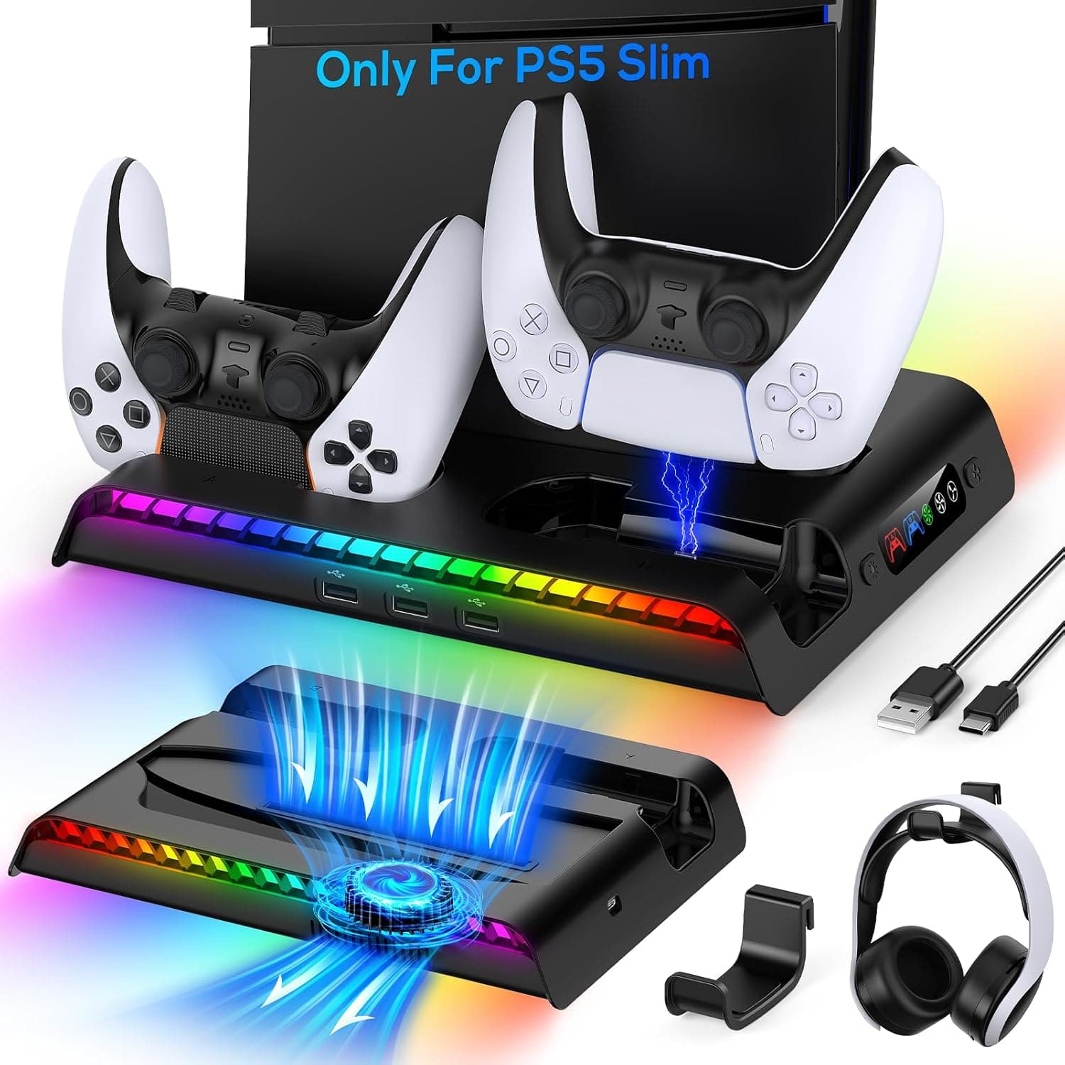 Suporte de ventilador de refrigeração para PS5 Slim Disc/edição digital com estação de carregamento do controlador, suporte vertical para Playstation 5, acessórios de consola fina com luz 9RGB, porta