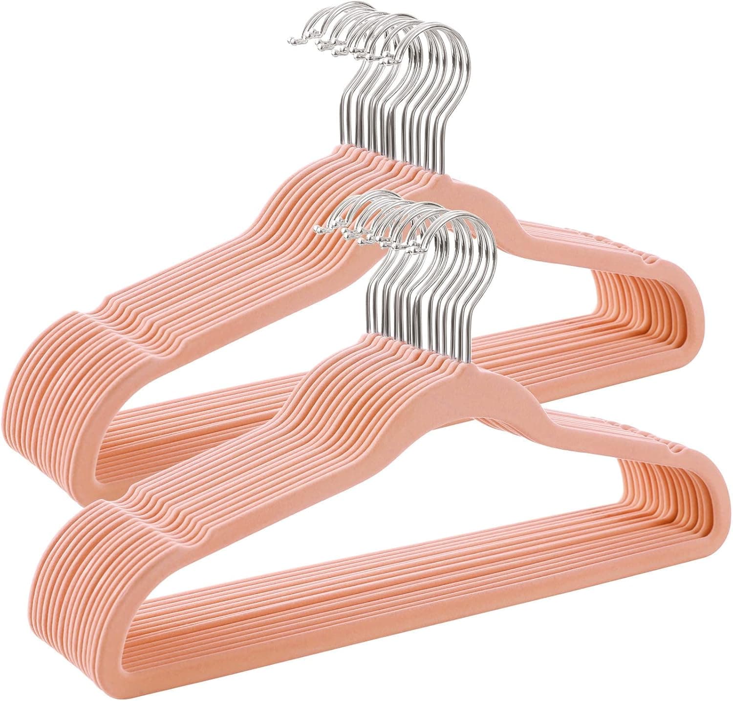 SONGMICS Cabide de veludo, conjunto de 30, antiderrapantes, com barra gravata e gancho preto, 0,6 cm de espessura, economiza espaço, 41,5 cm de comprimento, casaco de calças, rosa claro e prata