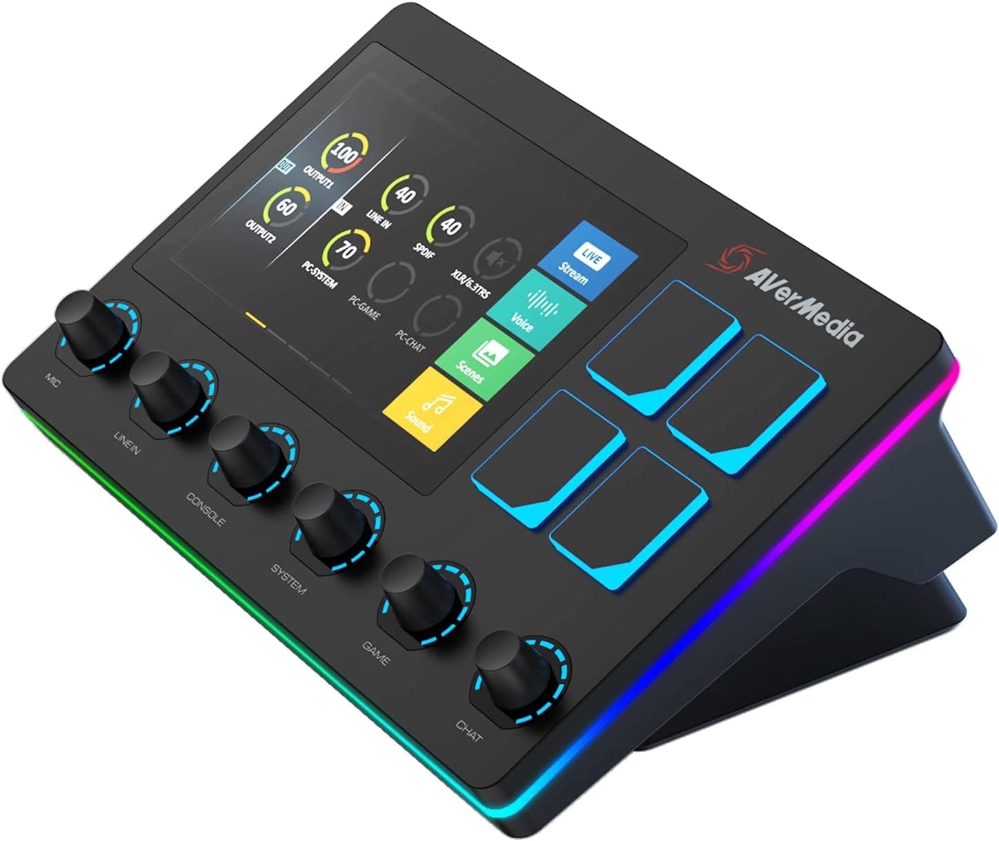 AVerMedia Live Streamer AX310 Misturador de áudio, 6 pistas, ecrã táctil IPS, para interação e ações para OBS, Streamlabs, Spotify, VTube
