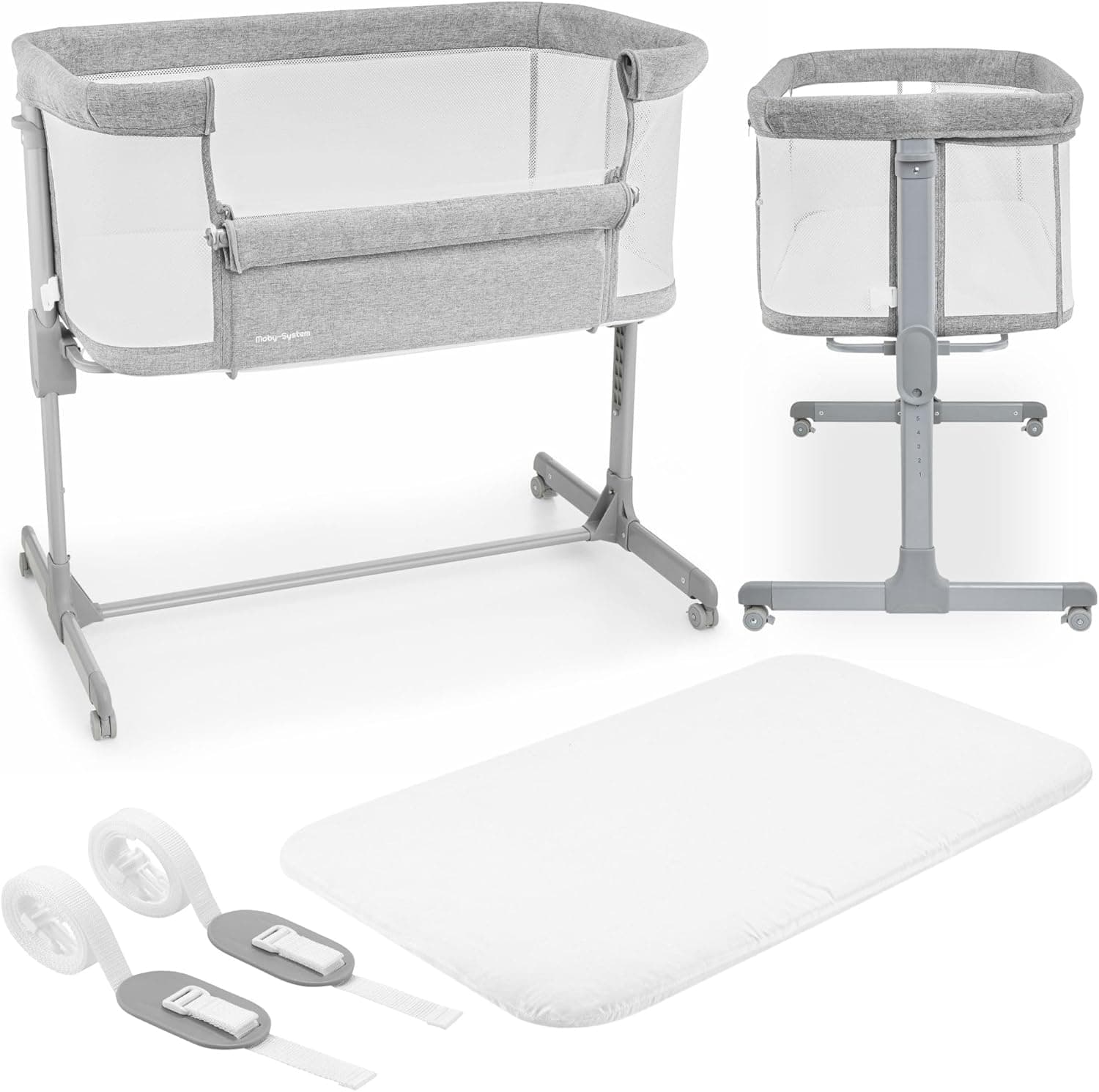 Moby-System LUNA 3 em 1 berço de entrega cinzento, para crianças até 9 kg, ajuste de altura de 7 níveis, 4 rodas de transporte, parede lateral desmontável