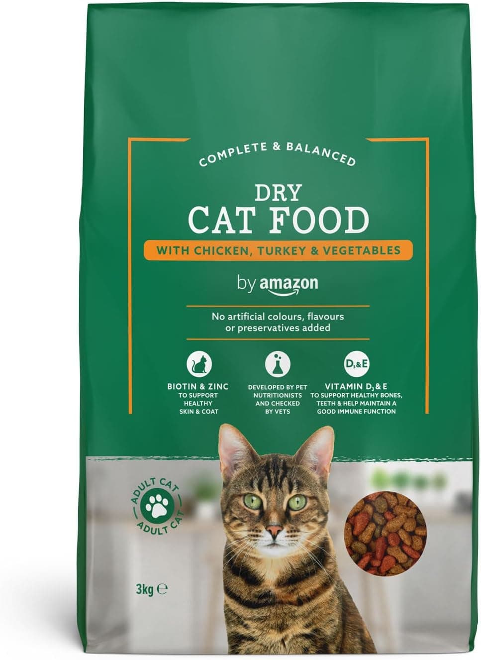 by Amazon - Alimento seco completo para gatos adultos com frango, peru e legumes, 1 embalagem de 3 kg