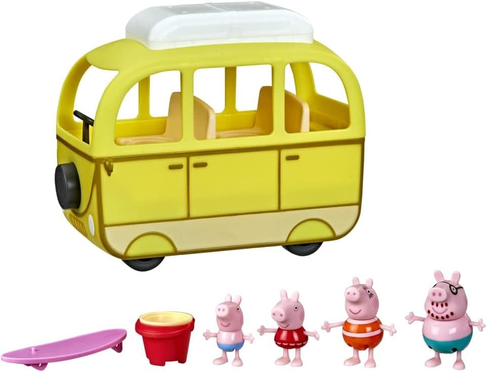 Peppa Pig Autocaravana de Praia | Brinquedo pré-escolar com veículo que se abre, figuras da família Pig em trajes de banho, acessórios e espaço para guardar a prancha de surf. Ideal para aventuras na praia a partir dos 3 anos.