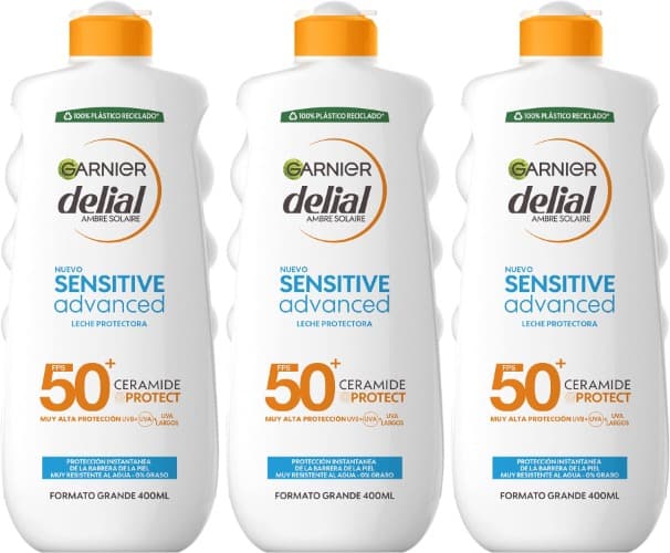 Garnier Delial Sensitive Advanced Leite solar para peles claras, sensíveis e intolerantes ao sol, alta proteção IP50, 400 ml x 3