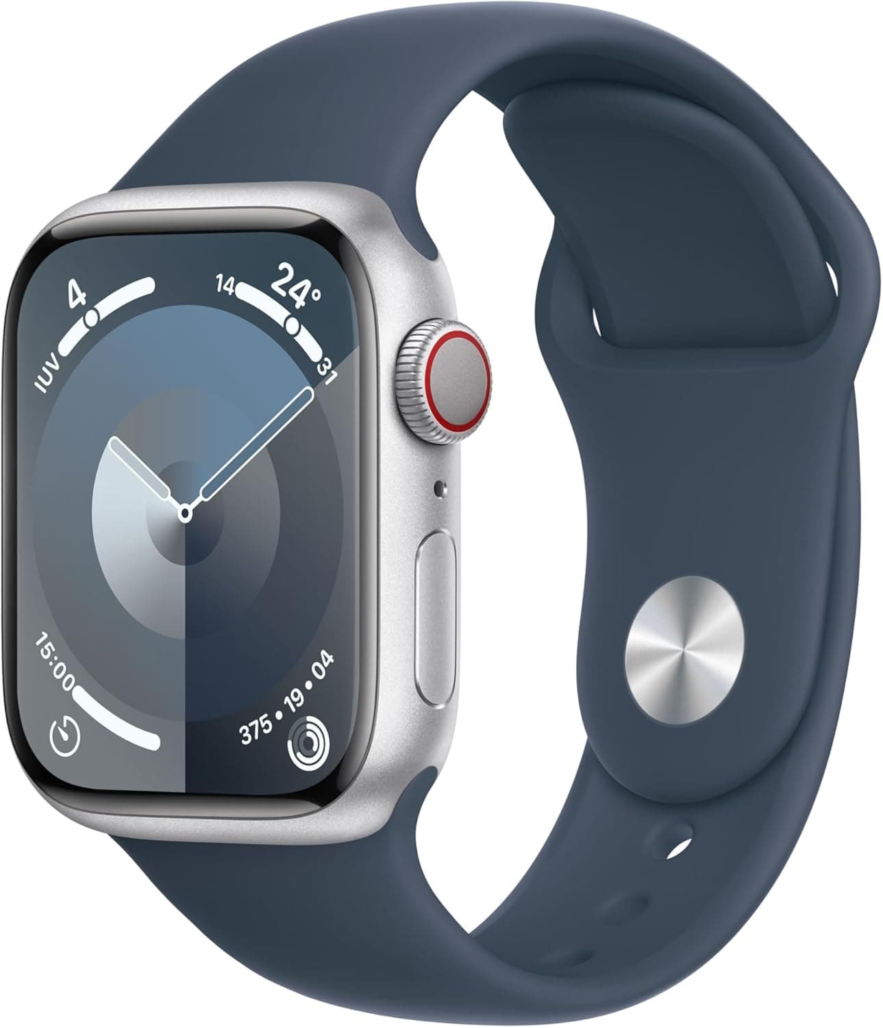 Apple Watch Series 9 [GPS Cellular] Smartwatch com caixa de alumínio em prata de 41 mm e correia desportiva azul tempestade - tamanho M/L. Monitor de treino, App oxigénio no sangue, resistente à água